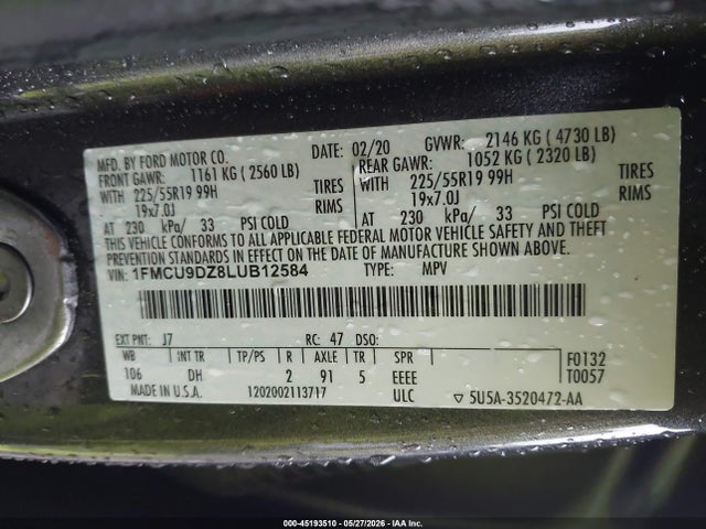Aukcja sprzedaży 2020 Ford Escape Titanium Hybrid, vin: 1FMCU9DZ8LUB12584, numer aukcji: 45193510