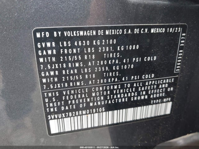 Aukcja sprzedaży 2024 Volkswagen Taos 1.5t Se, vin: 3VVUX7B28RM019105, numer aukcji: 45193511