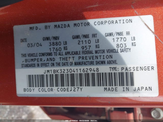 Aukcja sprzedaży 2004 Mazda Mazda3 S, vin: JM1BK323041162948, numer aukcji: 45193534