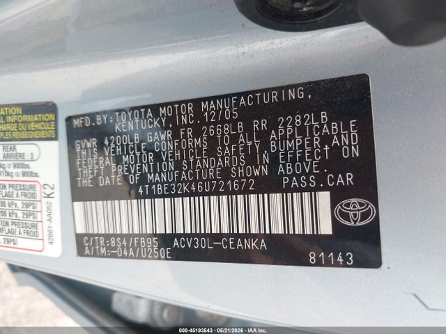 Aukcja sprzedaży 2006 Toyota Camry Le, vin: 4T1BE32K46U721672, numer aukcji: 45193543