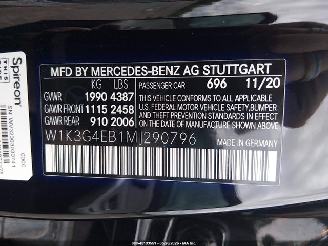Aukcja sprzedaży 2021 Mercedes-benz A 220, vin: W1K3G4EB1MJ290796, numer aukcji: 45193551