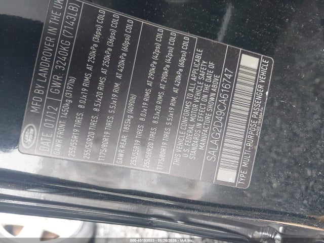 45193553 :رقم المزاد ، SALAG2D49CA616747 vin ، 2012 Land Rover Lr4 مزاد بيع