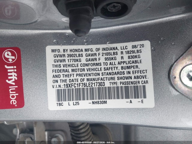Aukcja sprzedaży 2020 Honda Civic Ex-l, vin: 19XFC1F76LE217303, numer aukcji: 45193559