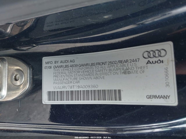 45193563 :رقم المزاد ، WAURV78T19A009360 vin ، 2009 Audi S5 4.2l مزاد بيع