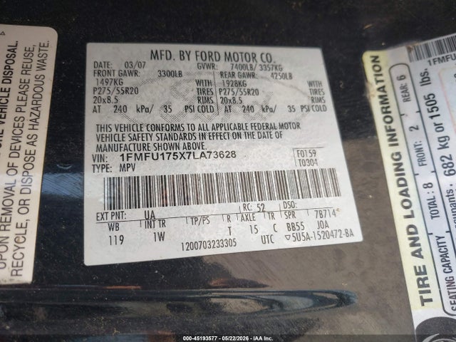Продажа на аукционе авто 2007 Ford Expedition Eddie Bauer, vin: 1FMFU175X7LA73628, номер лота: 45193577