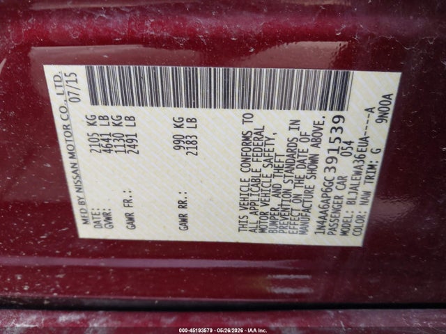 Aukcja sprzedaży 2016 Nissan Maxima 3.5 Sl, vin: 1N4AA6AP6GC391539, numer aukcji: 45193579