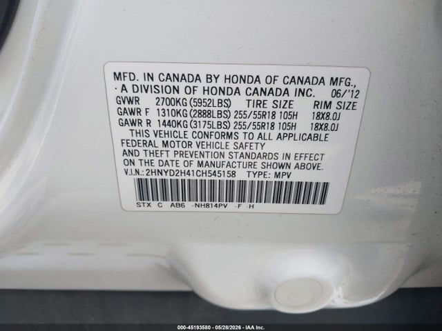 Aukcja sprzedaży 2012 Acura Mdx Technology Package, vin: 2HNYD2H41CH545158, numer aukcji: 45193580