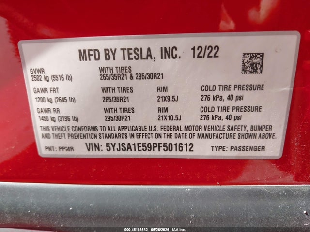 Продаж на аукціоні авто 2023 Tesla Model S, vin: 5YJSA1E59PF501612, номер лоту: 45193582