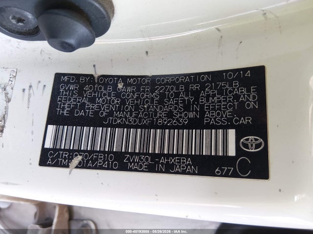Aukcja sprzedaży 2015 Toyota Prius Two, vin: JTDKN3DUXF1892639, numer aukcji: 45193588