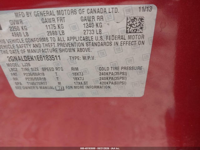 45193589 :رقم المزاد ، 2GNALDEK1E6183511 vin ، 2014 Chevrolet Equinox Ltz مزاد بيع