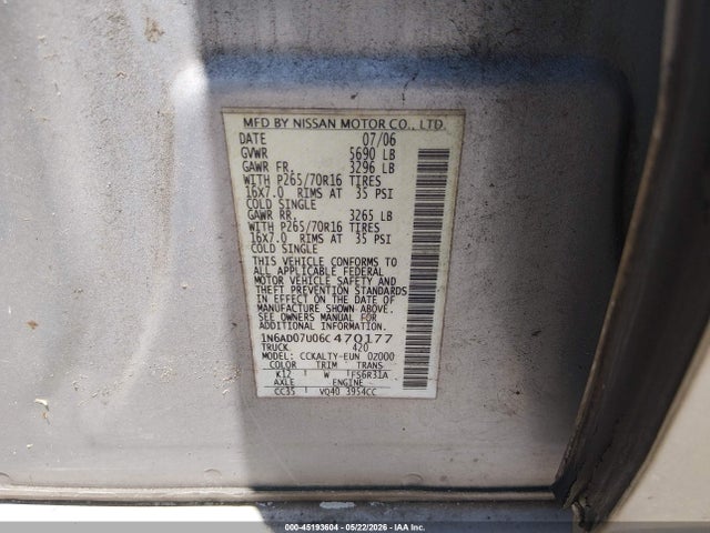 45193604 :رقم المزاد ، 1N6AD07U06C470177 vin ، 2006 Nissan Frontier Se مزاد بيع
