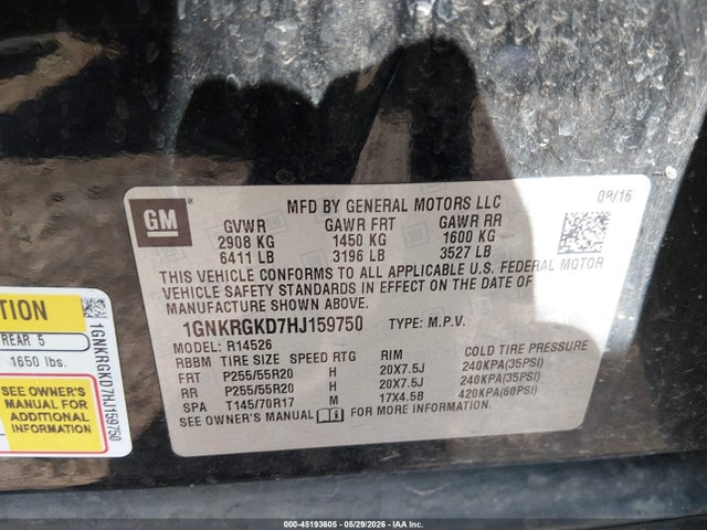 45193605 :رقم المزاد ، 1GNKRGKD7HJ159750 vin ، 2017 Chevrolet Traverse 1lt مزاد بيع