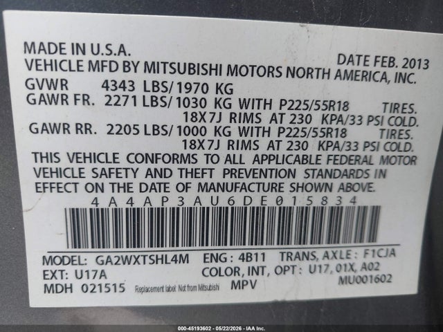 Продаж на аукціоні авто 2013 Mitsubishi Outlander Sport Es, vin: 4A4AP3AU6DE015834, номер лоту: 45193602