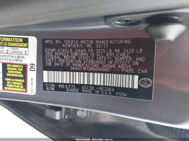 Продаж на аукціоні авто 2021 Lexus Es 350 F Sport, vin: 58AGZ1B13MU096662, номер лоту: 45193606