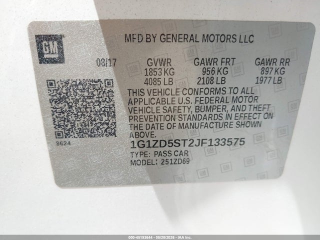 2018 Chevrolet Malibu Lt მანქანა იყიდება აუქციონზე, vin: 1G1ZD5ST2JF133575, აუქციონის ნომერი: 45193644