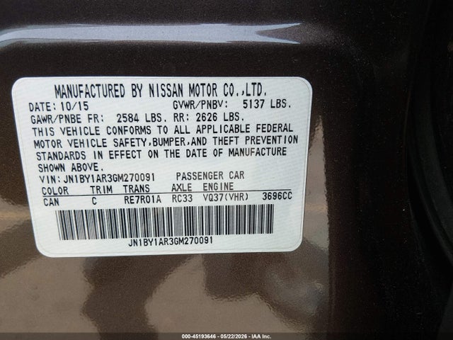 Aukcja sprzedaży 2016 Infiniti Q70 3.7x, vin: JN1BY1AR3GM270091, numer aukcji: 45193646