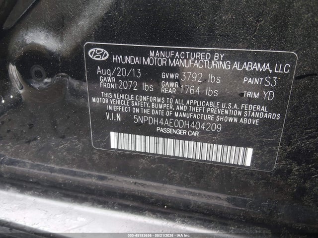 2013 Hyundai Elantra Gls მანქანა იყიდება აუქციონზე, vin: 5NPDH4AE0DH404209, აუქციონის ნომერი: 45193656