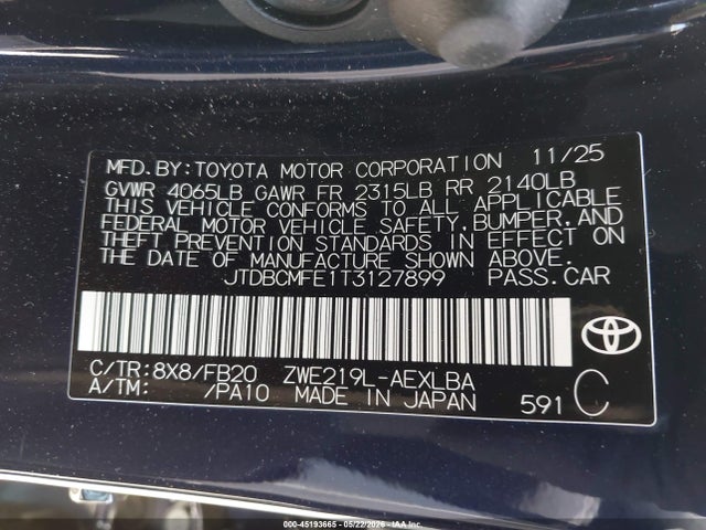 JTDBCMFE1T3127899 Toyota Corolla Hybrid Hybrid Le