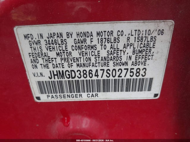 2007 Honda Fit Sport მანქანა იყიდება აუქციონზე, vin: JHMGD38647S027583, აუქციონის ნომერი: 45193666