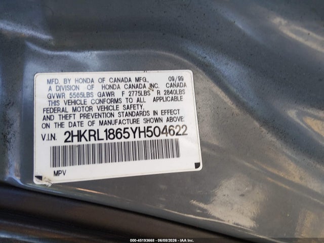 45193668 :رقم المزاد ، 2HKRL1865YH504622 vin ، 2000 Honda Odyssey Ex مزاد بيع