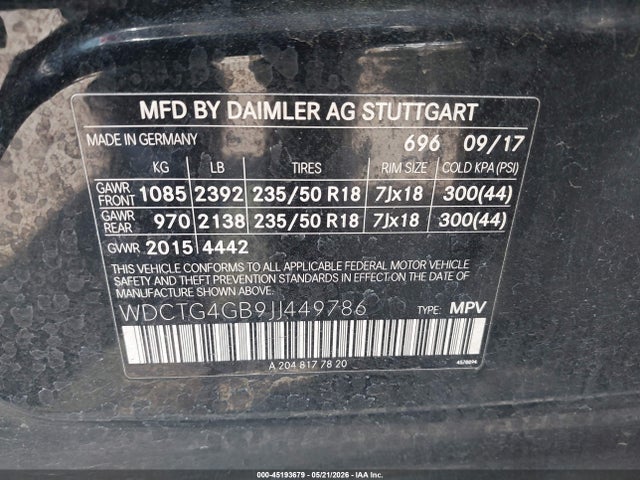 Aukcja sprzedaży 2018 Mercedes-benz Gla 250 4matic, vin: WDCTG4GB9JJ449786, numer aukcji: 45193679