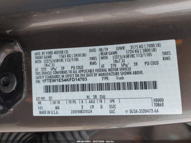 Aukcja sprzedaży 2019 Ford F-150 Xlt, vin: 1FTEW1E54KFD14703, numer aukcji: 45193681