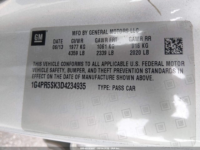 Auction sale of the 2013 Buick Verano Convenience Group, vin: 1G4PR5SK3D4234935, lot number: 45193697