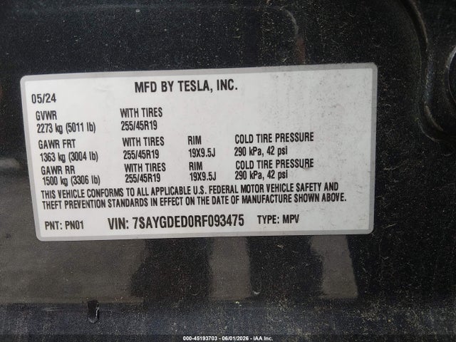 Aukcja sprzedaży 2024 Tesla Model Y Long Range Single Motor Rear-wheel Drive/rwd, vin: 7SAYGDED0RF093475, numer aukcji: 45193703