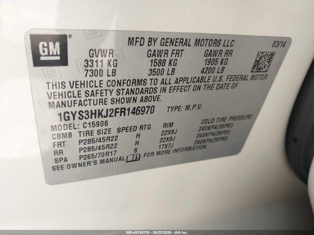 2015 Cadillac Escalade Esv Luxury მანქანა იყიდება აუქციონზე, vin: 1GYS3HKJ2FR146970, აუქციონის ნომერი: 45193705