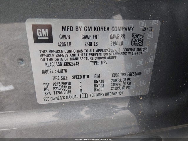 2019 Buick Encore Fwd Preferred მანქანა იყიდება აუქციონზე, vin: KL4CJASB1KB925743, აუქციონის ნომერი: 45193714