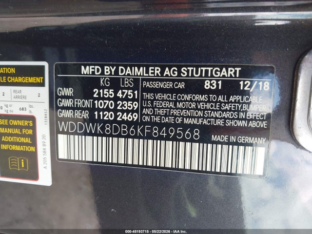 Aukcja sprzedaży 2019 Mercedes-benz C 300, vin: WDDWK8DB6KF849568, numer aukcji: 45193715