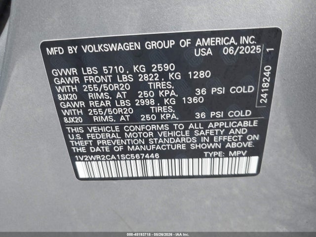 Продаж на аукціоні авто 2025 Volkswagen Atlas 2.0t Se W/technology, vin: 1V2WR2CA1SC567446, номер лоту: 45193718