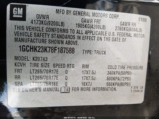 45193731 :رقم المزاد ، 1GCHK23K78F187588 vin ، 2008 Chevrolet Silverado 2500hd Ltz مزاد بيع