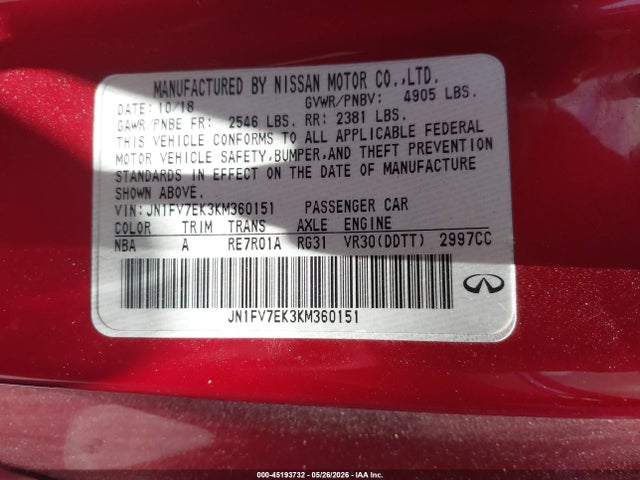 45193732 :رقم المزاد ، JN1FV7EK3KM360151 vin ، 2019 Infiniti Q60 3.0t Red Sport 400 مزاد بيع