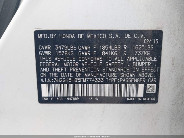 Aukcja sprzedaży 2015 Honda Fit Ex/ex-l, vin: 3HGGK5H85FM774333, numer aukcji: 45193741