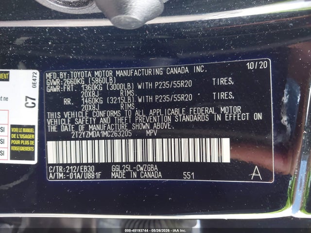 45193744 :رقم المزاد ، 2T2YZMDA1MC263205 vin ، 2021 Lexus Rx 350 F Sport Handling مزاد بيع