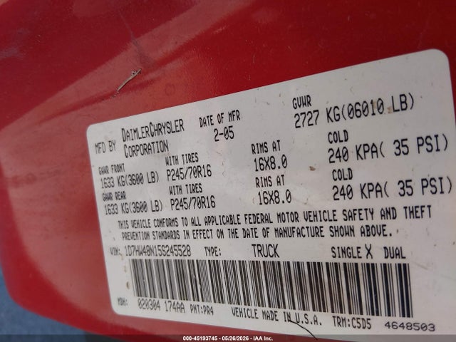 45193745 :رقم المزاد ، 1D7HW48N15S245528 vin ، 2005 Dodge Dakota Slt مزاد بيع