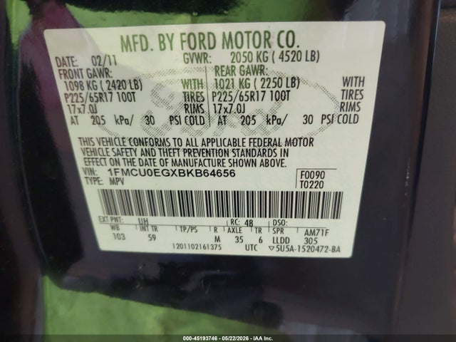 45193746 :رقم المزاد ، 1FMCU0EGXBKB64656 vin ، 2011 Ford Escape Limited مزاد بيع