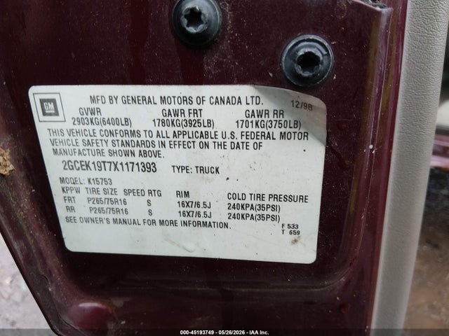Продаж на аукціоні авто 1999 Chevrolet Silverado 1500 Ls, vin: 2GCEK19T7X1171393, номер лоту: 45193749