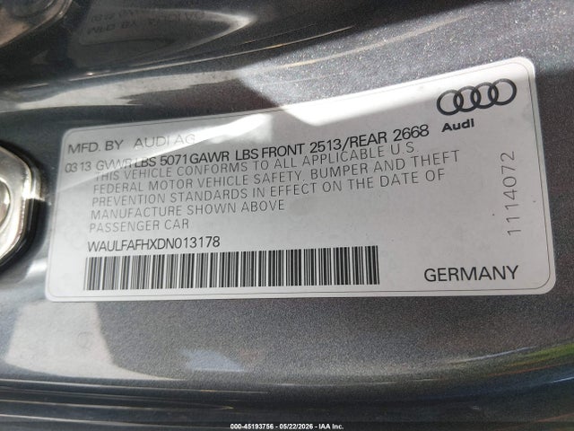 45193756 :رقم المزاد ، WAULFAFHXDN013178 vin ، 2013 Audi A5 2.0t Premium مزاد بيع