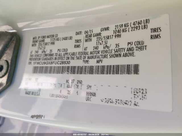 Aukcja sprzedaży 2015 Ford Escape Se, vin: 1FMCU9GX8FUC28530, numer aukcji: 45193757