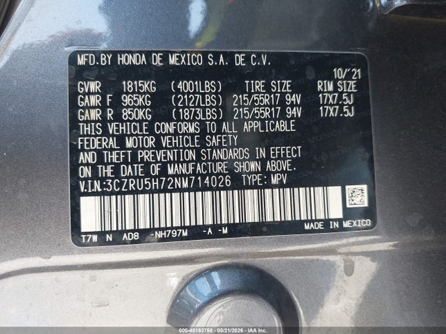 Aukcja sprzedaży 2022 Honda Hr-v 2wd Ex-l, vin: 3CZRU5H72NM714026, numer aukcji: 45193758