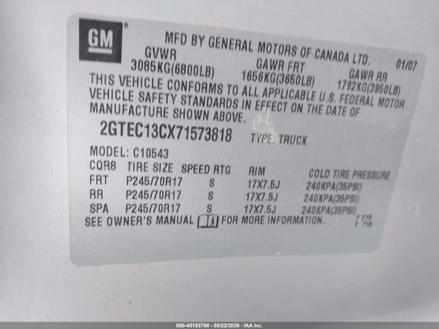 2007 Gmc Sierra 1500 Work Truck მანქანა იყიდება აუქციონზე, vin: 2GTEC13CX71573818, აუქციონის ნომერი: 45193768