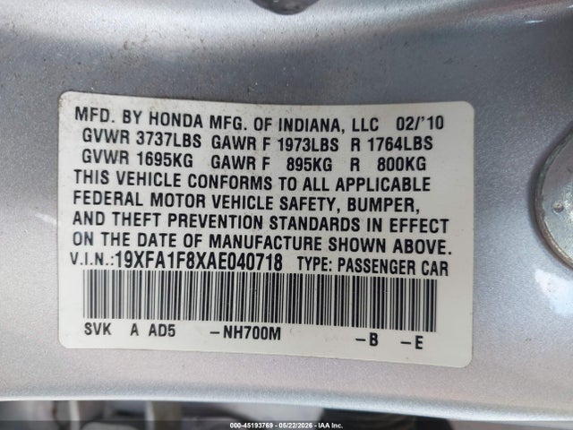 Aukcja sprzedaży 2010 Honda Civic Ex, vin: 19XFA1F8XAE040718, numer aukcji: 45193769