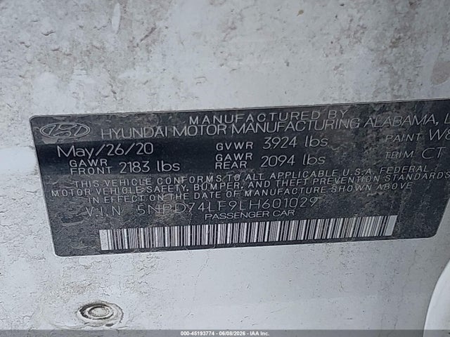 Продажа на аукционе авто 2020 Hyundai Elantra Se, vin: 5NPD74LF9LH601029, номер лота: 45193774