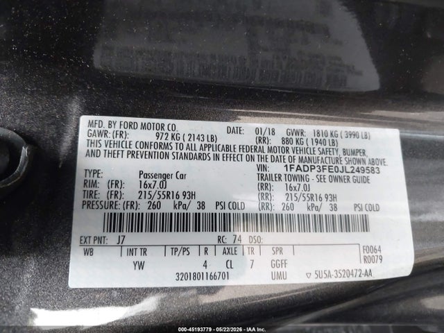 Продаж на аукціоні авто 2018 Ford Focus Se, vin: 1FADP3FE0JL249583, номер лоту: 45193779