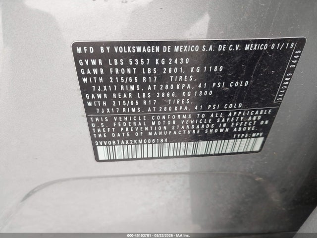 Aukcja sprzedaży 2019 Volkswagen Tiguan 2.0t S, vin: 3VV0B7AX2KM086184, numer aukcji: 45193781