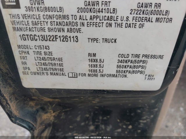 45193799 :رقم المزاد ، 1GTGC13U22F126113 vin ، 2002 Gmc Sierra 1500hd Sle مزاد بيع