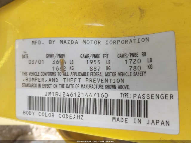 Продаж на аукціоні авто 2002 Mazda Protege5, vin: JM1BJ246121447160, номер лоту: 45193808