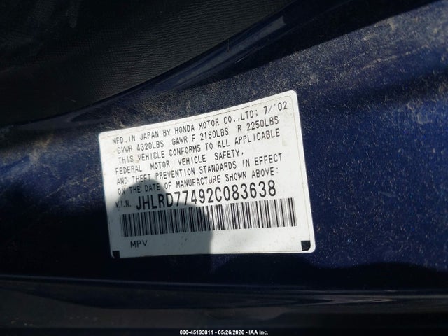 Aukcja sprzedaży 2002 Honda Cr-v Lx, vin: JHLRD77492C083638, numer aukcji: 45193811